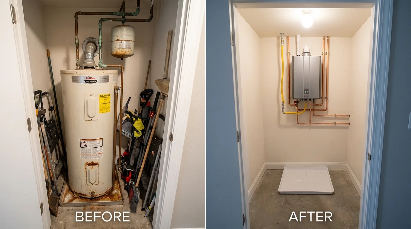 Tank water heater versus wall-mounted tankless unit comparison for Seaford, DE homeowners