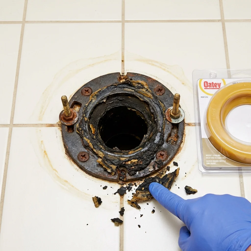 Failed wax ring showing water seepage at the base of a toilet in a Seaford, DE home