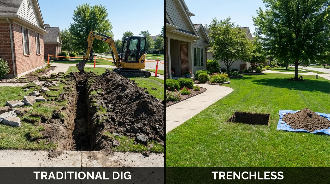 Trenchless sewer repair with minimal yard damage versus traditional excavation in Seaford, DE
