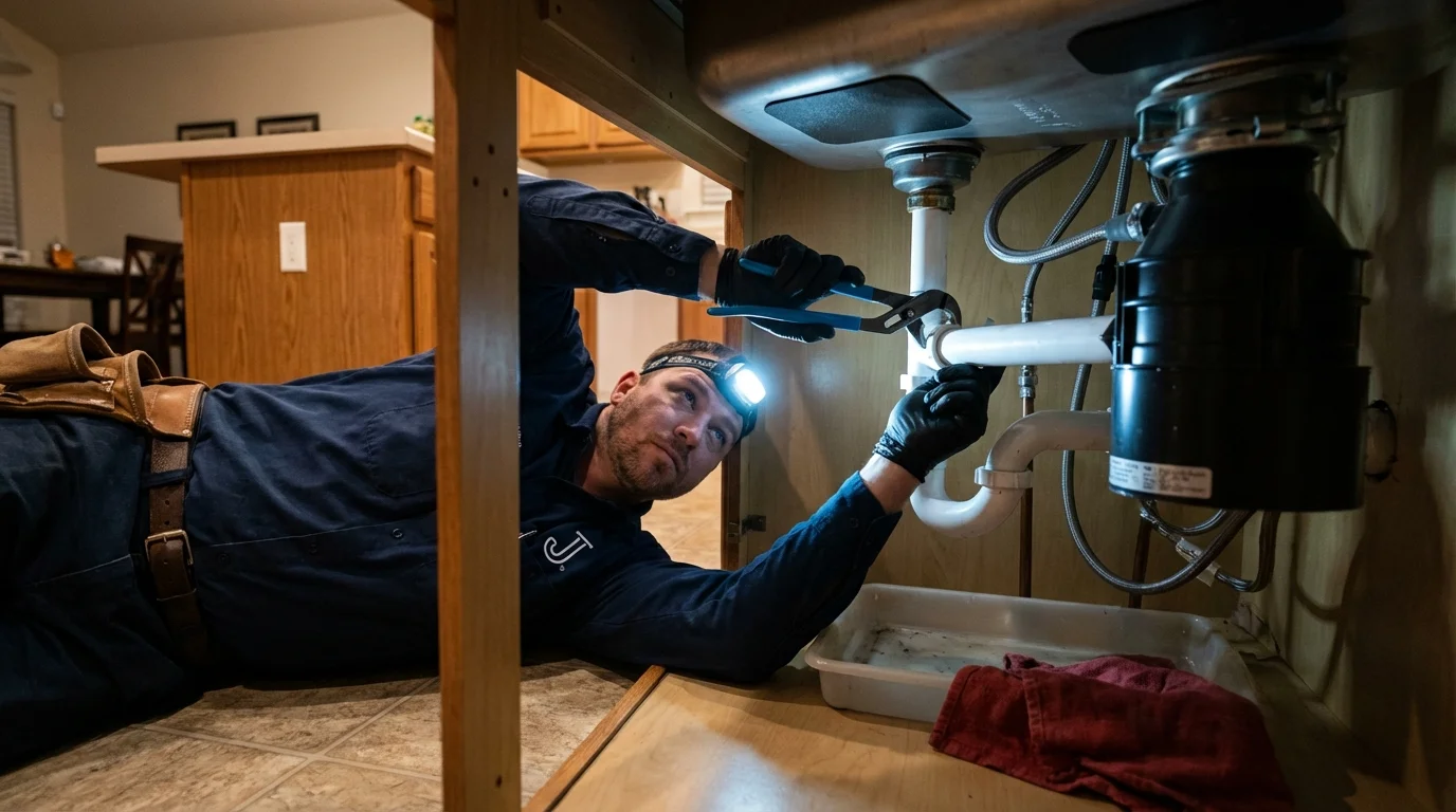 P-trap and supply line connections under a kitchen sink showing a common leak point in Seaford, DE